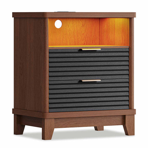 Sikaic Nightstand Fluted Nightstand with Charging Station and Led Lights Black Black / Engineered Wood / Mid-Century