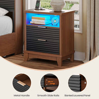 Sikaic Nightstand Fluted Nightstand with Charging Station and Led Lights Black Black / Engineered Wood / Mid Century