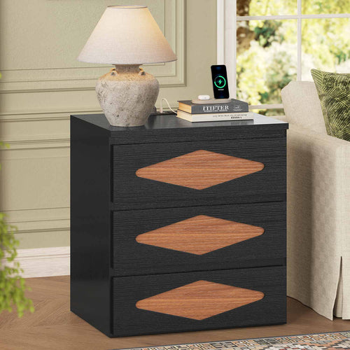 Sikaic Nightstand Nightstand with Charging Station Black Black / Engineered Wood / Mid Century