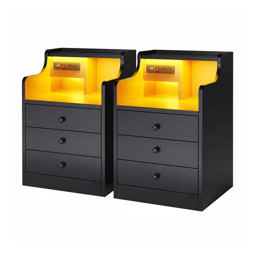 Sikaic Nightstand 2PCS LED Nightstand with 3 Storage Drawers Black Black / Engineered Wood / Modern