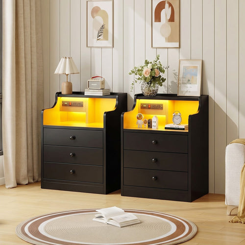 Sikaic Nightstand 2PCS LED Nightstand with 3 Storage Drawers Black Black / Engineered Wood / Modern