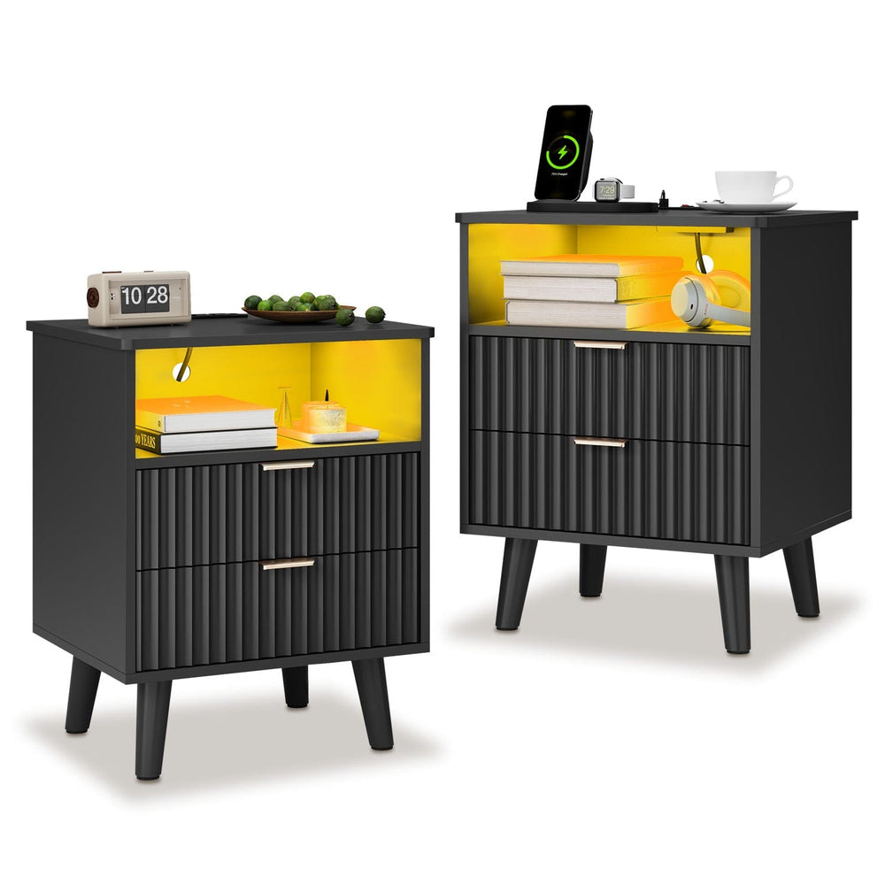 Sikaic Nightstand 2PCS LED Nightstand with Charging Station and Fluted Panel Black Black / Engineered Wood / Modern