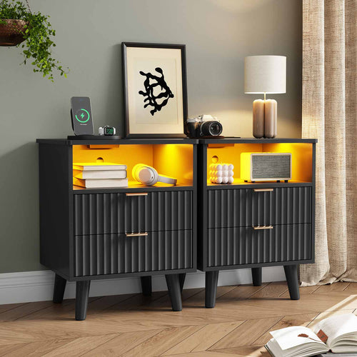 Sikaic Nightstand 2PCS LED Nightstand with Charging Station and Fluted Panel Black Black / Engineered Wood / Modern