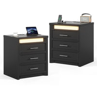 Sikaic Nightstand 2PCS Nightstand with 3 Drawers and Led Lights Black Black / Engineered Wood / Modern