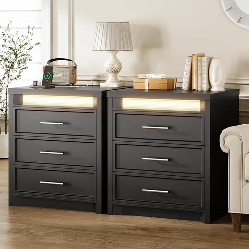 Sikaic Nightstand 2PCS Nightstand with 3 Drawers and Led Lights Black Black / Engineered Wood / Modern