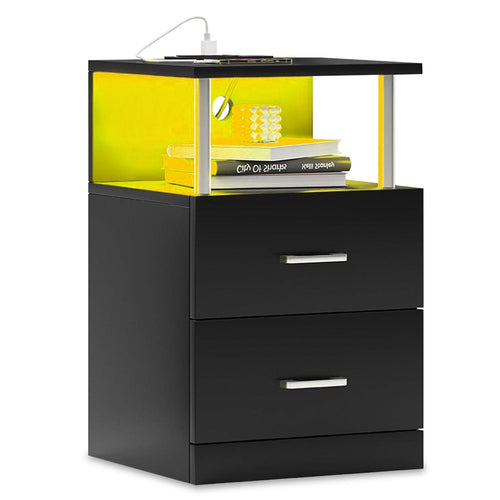 Sikaic Nightstand LED 2 Drawers Nightstand with Charging Station Black Black / Engineered Wood / Modern