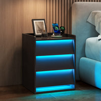 Sikaic Nightstand LED Nightstand with Charging Station and 3 Drawers Black Black / Engineered Wood / Modern