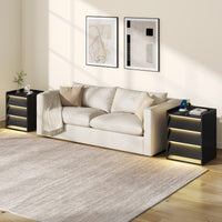 Sikaic Nightstand LED Nightstand with Charging Station and 3 Drawers Black Black / Engineered Wood / Modern