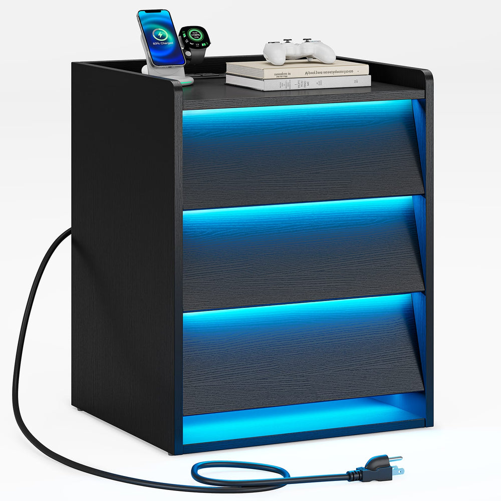 Sikaic Nightstand LED Nightstand with Charging Station and 3 Drawers Black Black / Engineered Wood / Modern
