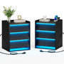 Sikaic Nightstand LED Nightstand with Charging Station and 3 Drawers Black Black / Engineered Wood / Modern