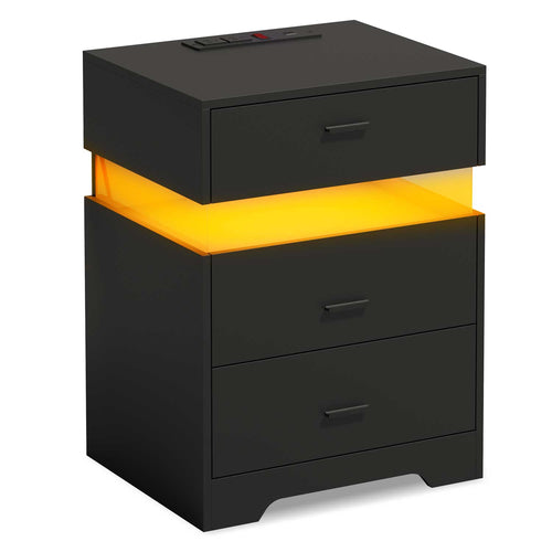 Sikaic Nightstand LED Nightstand with Charging Station and 3 Drawers for Bedroom Black Black / Engineered Wood / Modern