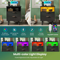 Sikaic Nightstand LED Nightstand with Charging Station and Fluted Panel Black Black / Engineered Wood / Modern