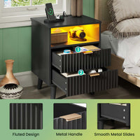 Sikaic Nightstand LED Nightstand with Charging Station and Fluted Panel Black Black / Engineered Wood / Modern