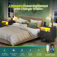 Sikaic Nightstand LED Nightstand with Charging Station and Fluted Panel Black Black / Engineered Wood / Modern