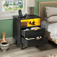 Sikaic Nightstand LED Nightstand with Charging Station and Fluted Panel Black Black / Engineered Wood / Modern