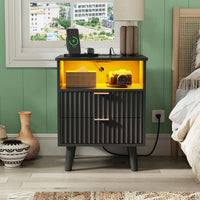 Sikaic Nightstand LED Nightstand with Charging Station and Fluted Panel Black Black / Engineered Wood / Modern