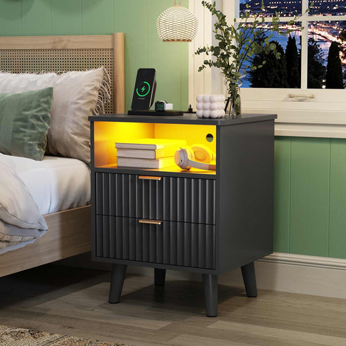 Sikaic Nightstand LED Nightstand with Charging Station and Fluted Panel Black Black / Engineered Wood / Modern