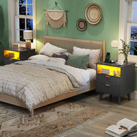 Sikaic Nightstand LED Nightstand with Charging Station and Fluted Panel Black Black / Engineered Wood / Modern