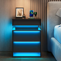 Sikaic Nightstand LED Nightstand with Charging Station and Sliding Top Black Black / Engineered Wood / Modern