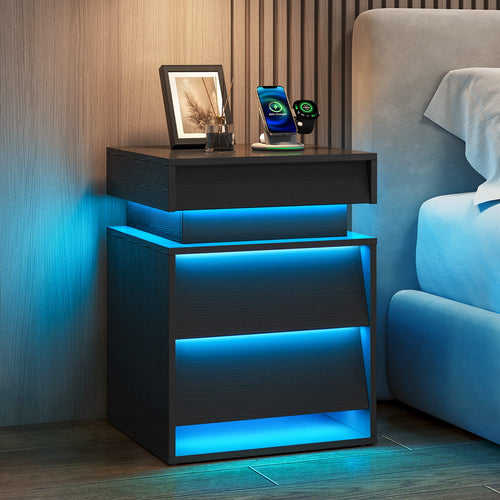 Sikaic Nightstand LED Nightstand with Charging Station and Sliding Top Black Black / Engineered Wood / Modern