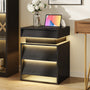 Sikaic Nightstand LED Nightstand with Charging Station and Sliding Top Black Black / Engineered Wood / Modern