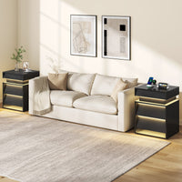 Sikaic Nightstand LED Nightstand with Charging Station and Sliding Top Black Black / Engineered Wood / Modern