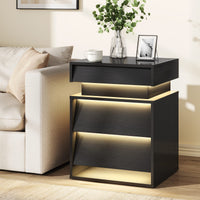 Sikaic Nightstand LED Nightstand with Charging Station and Sliding Top Black Black / Engineered Wood / Modern
