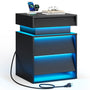 Sikaic Nightstand LED Nightstand with Charging Station and Sliding Top Black Black / Engineered Wood / Modern
