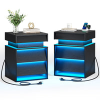 Sikaic Nightstand LED Nightstand with Charging Station and Sliding Top Black Black / Engineered Wood / Modern