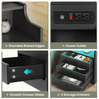 Sikaic Nightstand LED Nightstand with Hutch Drawers Charging Station Black