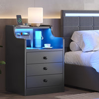 Sikaic Nightstand LED Nightstand with Hutch Drawers Charging Station Black
