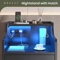 Sikaic Nightstand LED Nightstand with Hutch Drawers Charging Station Black
