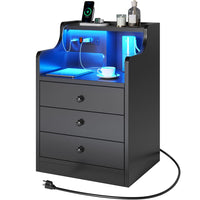 Sikaic Nightstand LED Nightstand with Hutch Drawers Charging Station Black