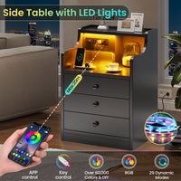 Sikaic Nightstand LED Nightstand with Hutch Drawers Charging Station Black