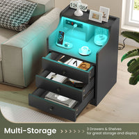 Sikaic Nightstand LED Nightstand with Hutch Drawers Charging Station Black