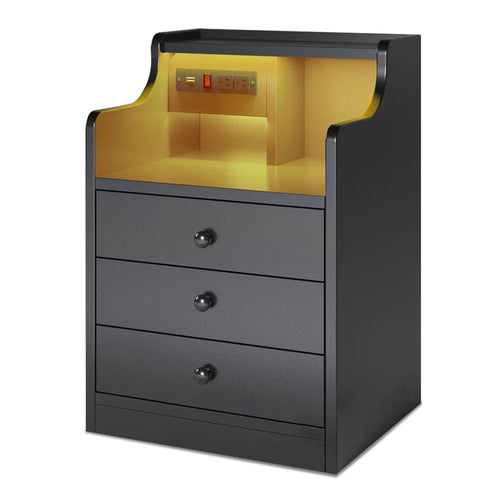 Sikaic Nightstand LED Nightstand with Hutch Drawers Charging Station Black Black / Engineered Wood / Modern