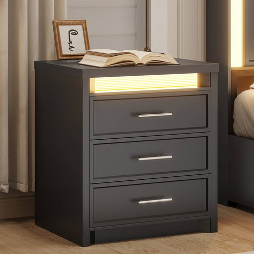 Sikaic Nightstand Nightstand with 3 Drawers and Led Lights Black Black / Engineered Wood / Modern