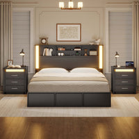 Sikaic Nightstand Nightstand with 3 Drawers and Led Lights Black Black / Engineered Wood / Modern