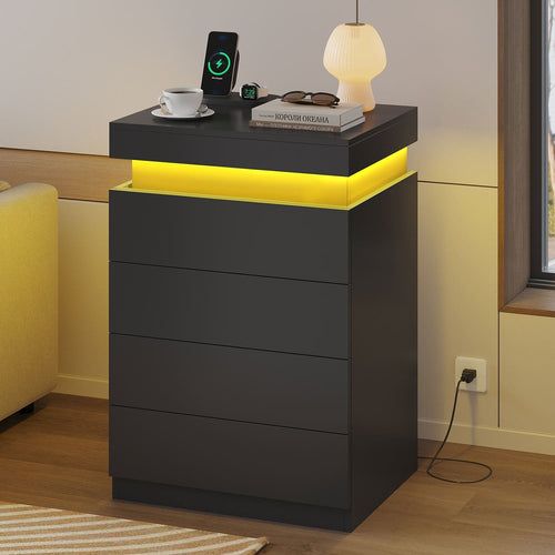 Sikaic Nightstand Nightstand with Sliding Top and 4 Drawers Black Black / Engineered Wood / Modern