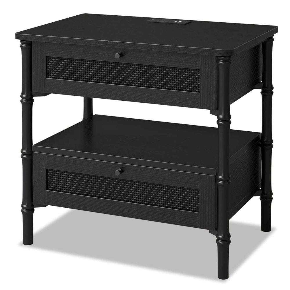 Sikaic Nightstand Rattan Nightstand with Charging Station and Turned Legs Black Black / Engineered Wood / Modern