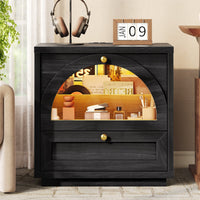 Sikaic Nightstand Sikaic Arched Glass Nightstand with 3-Color LED & Charging Station Matte Black Black / Engineered Wood / Modern