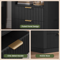 Sikaic Nightstand Tall Fluted Nightstand with Drawers and Charging Station Black Black / Engineered Wood / Modern