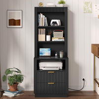 Sikaic Nightstand Tall Fluted Nightstand with Drawers and Charging Station Black Black / Engineered Wood / Modern