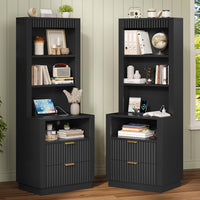 Sikaic Nightstand Tall Fluted Nightstand with Drawers and Charging Station Black Black / Engineered Wood / Modern
