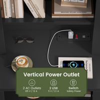 Sikaic Nightstand Tall Fluted Nightstand with Drawers and Charging Station Black Black / Engineered Wood / Modern