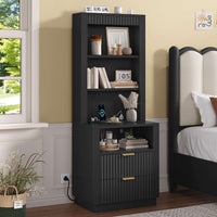 Sikaic Nightstand Tall Fluted Nightstand with Drawers and Charging Station Black Black / Engineered Wood / Modern