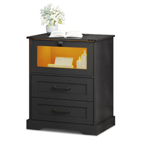 Sikaic Nightstand LED Nightstand with Charging Station 2 Drawers and Open Cubby Black Black / Farmhouse
