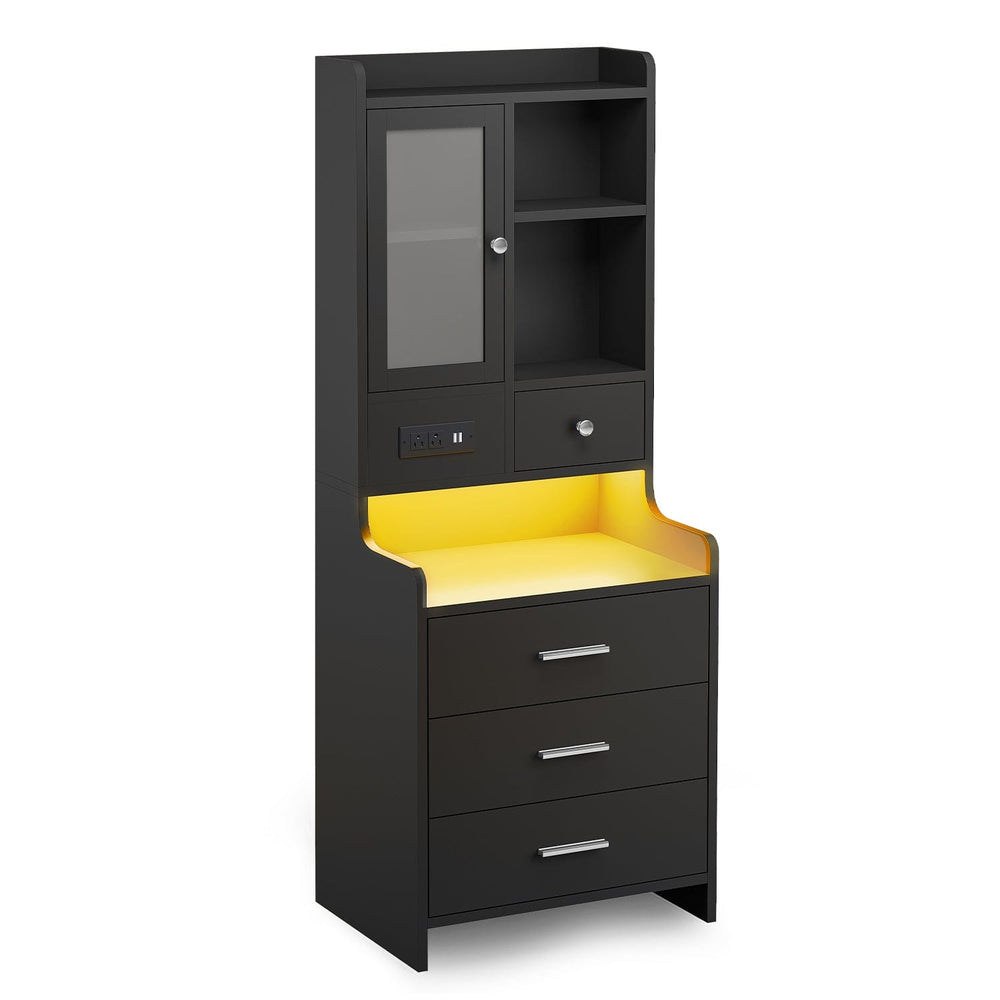 Sikaic Nightstand LED Tall Nightstand with Glass Door Storage Black Black / Glass / Modern