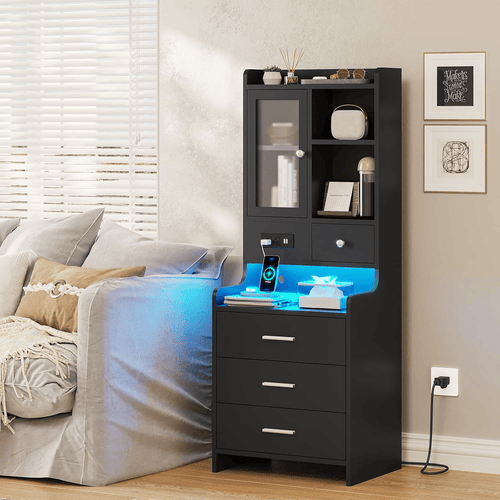Sikaic Nightstand LED Tall Nightstand with Glass Door Storage Black Black / Glass / Modern