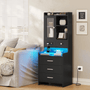 Sikaic Nightstand LED Tall Nightstand with Glass Door Storage Black Black / Glass / Modern